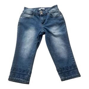 Oak & Poppy Embroidered Leg Denim Capris Women 4 Cropped Mid Rise Blue Jeans